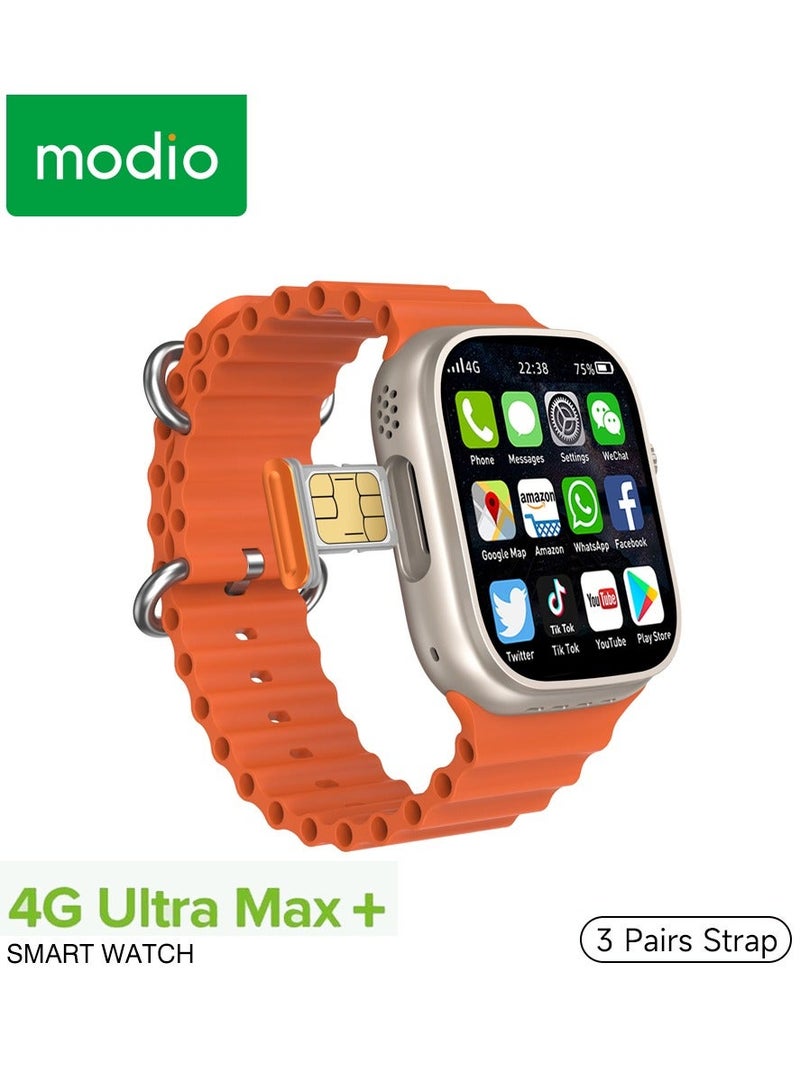 Modio 4G Ultra max Plus android smart watch HD 2.2 inch full touch screen with 3 set strap and wireless charger for men's and boy's - Image 1